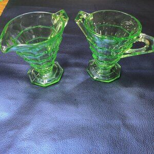 Uranium Glass 1920's Sugar & Creamer Set, Indiana Glass Co, "Tea Room" Art Deco